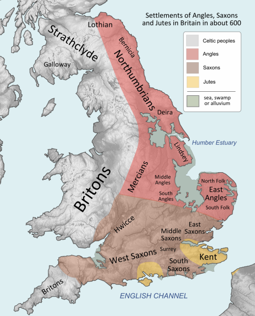 Angles, Saxons and Jutes throughout England Source: Wikimedia Commons